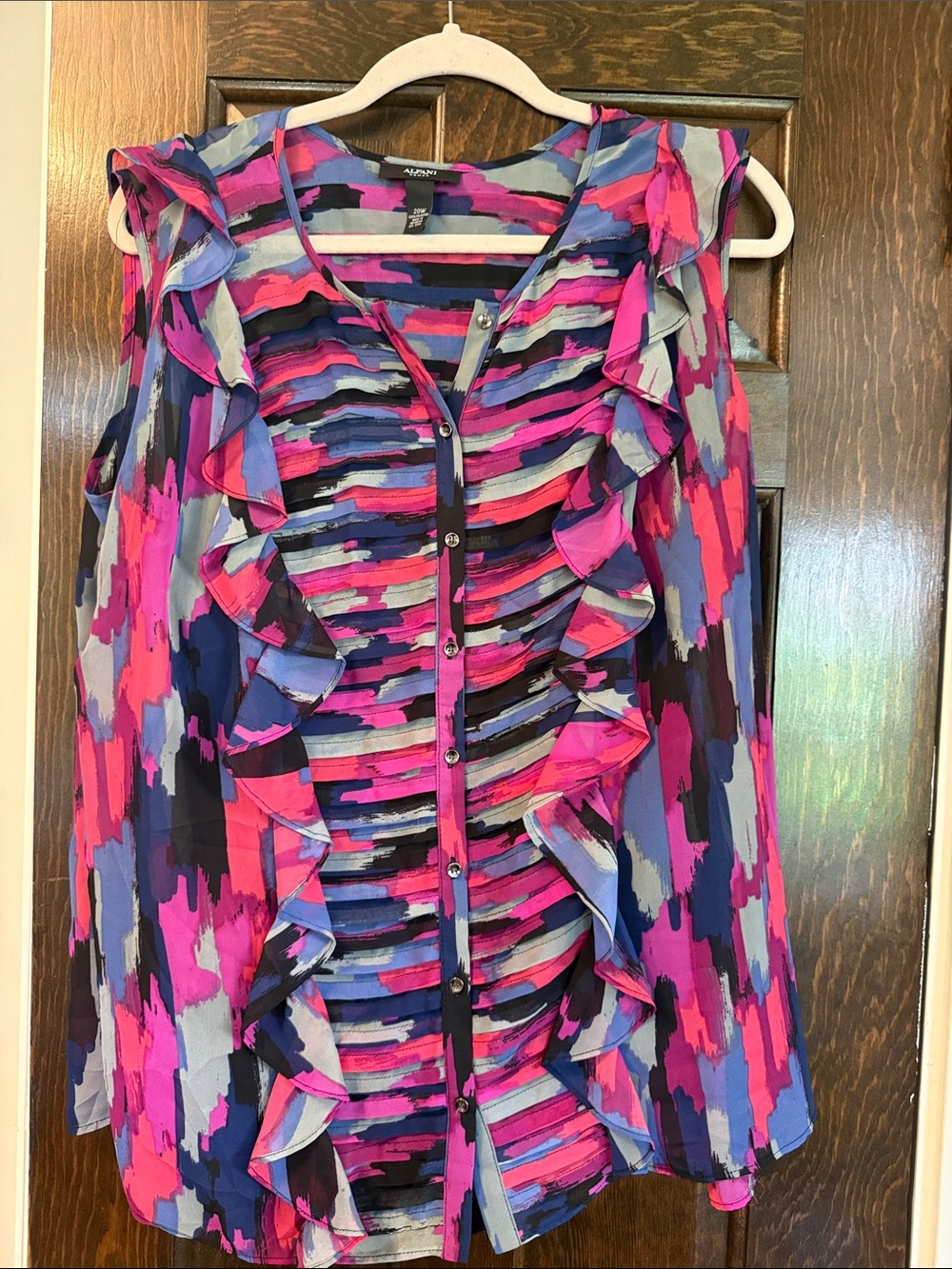 Alfani Pink Multi Ruffle-Front Sleeveless Blouse with Blue and Purple Accents
